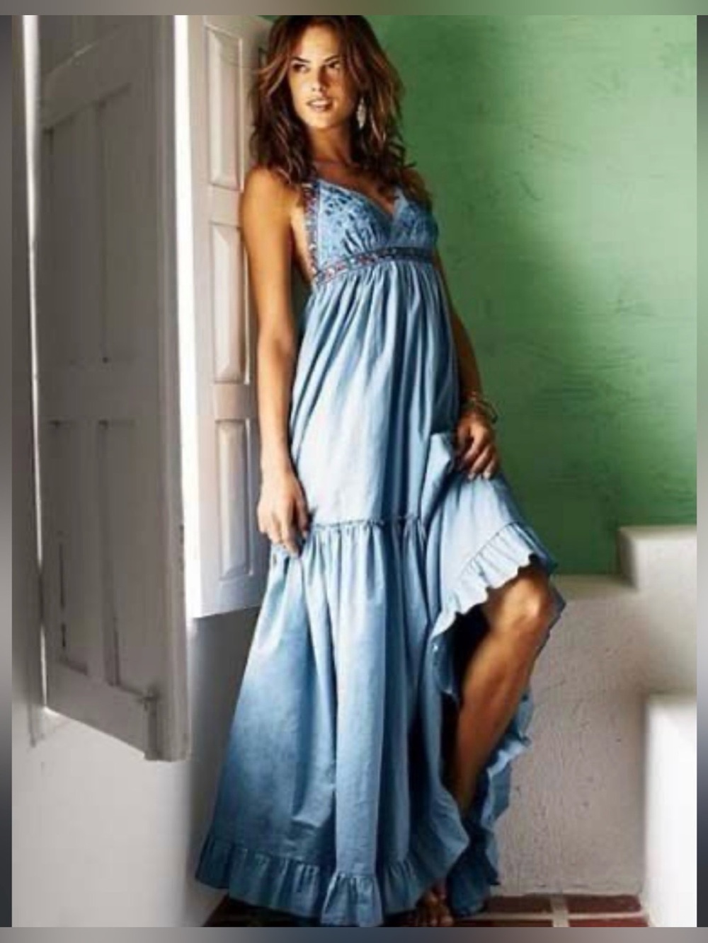 Vintage Moda International Embroidered Halter Chambray Denim Maxi